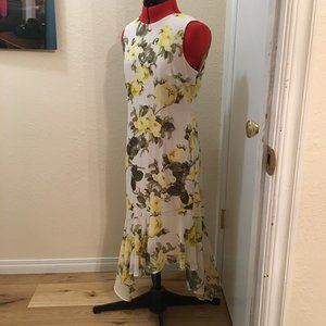 Calvin Klein Lemon Yellow Roses Chiffon Sheath Dress, Size 6